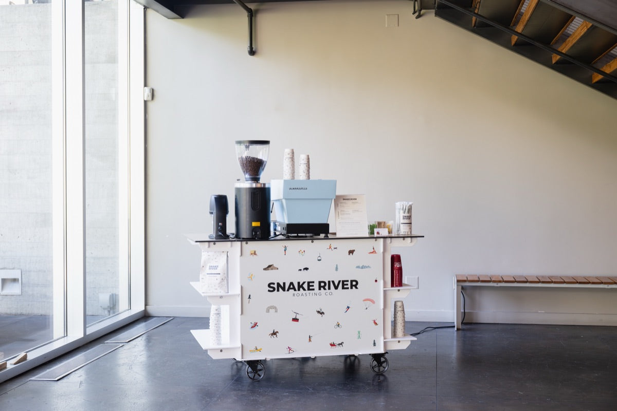 The Cart set up indoors with grinder and espresso machine