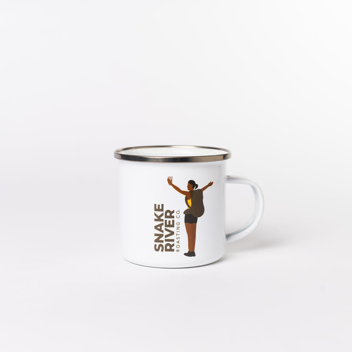 SRRC Enamel Camp Mug — Snake River Roasting Co. merch, studio photo on a white background (1 of 2)