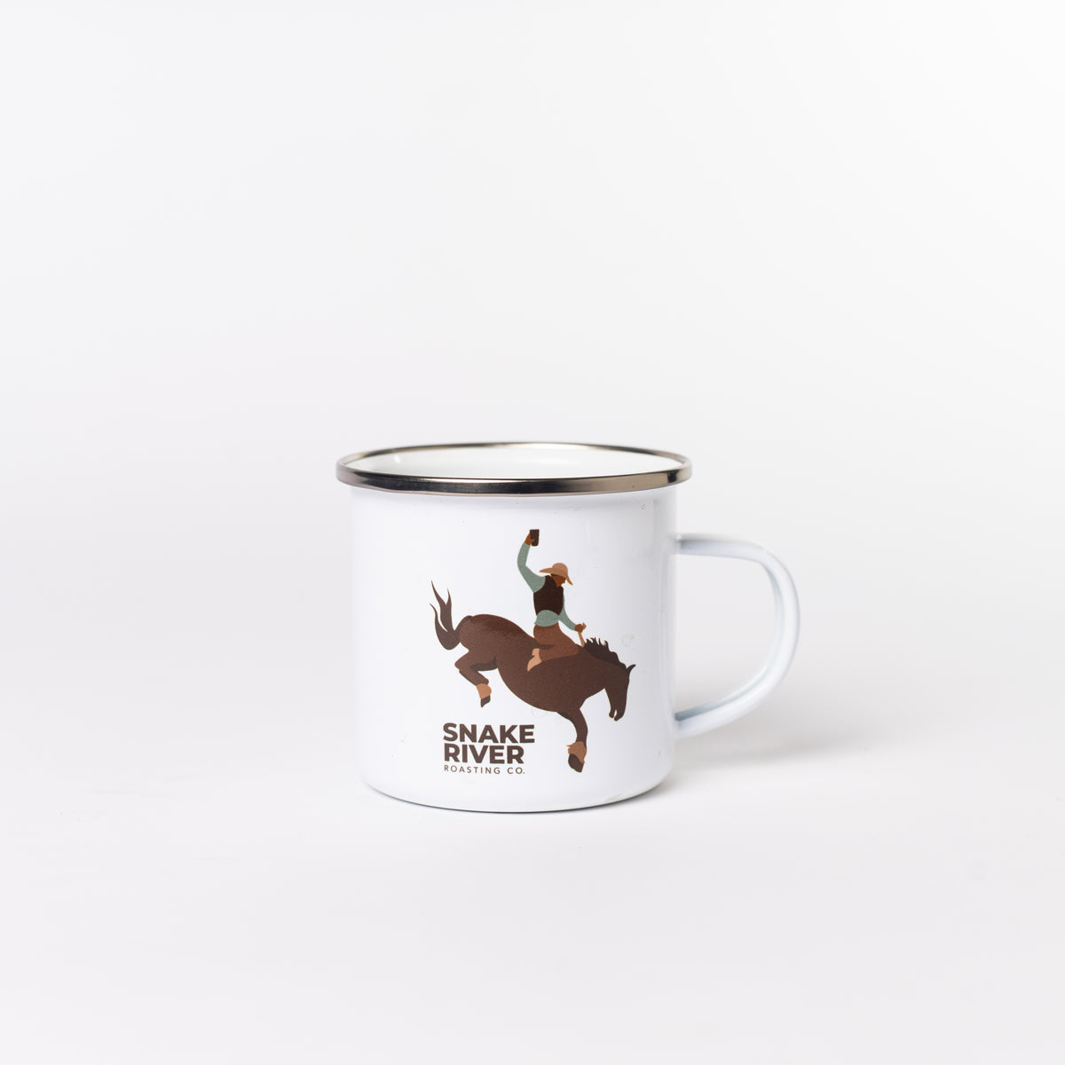 SRRC Enamel Camp Mug — Snake River Roasting Co. merch, studio photo on a white background (2 of 2)