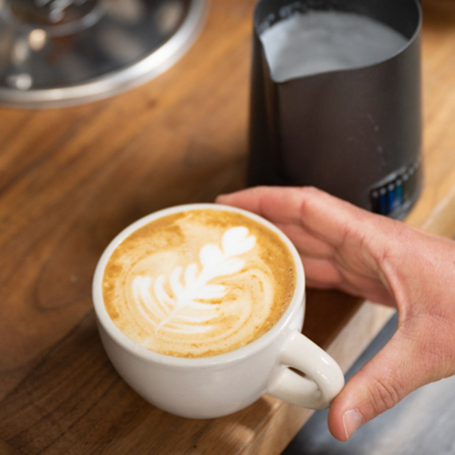 A latte in hand with a tulip poured into the foam