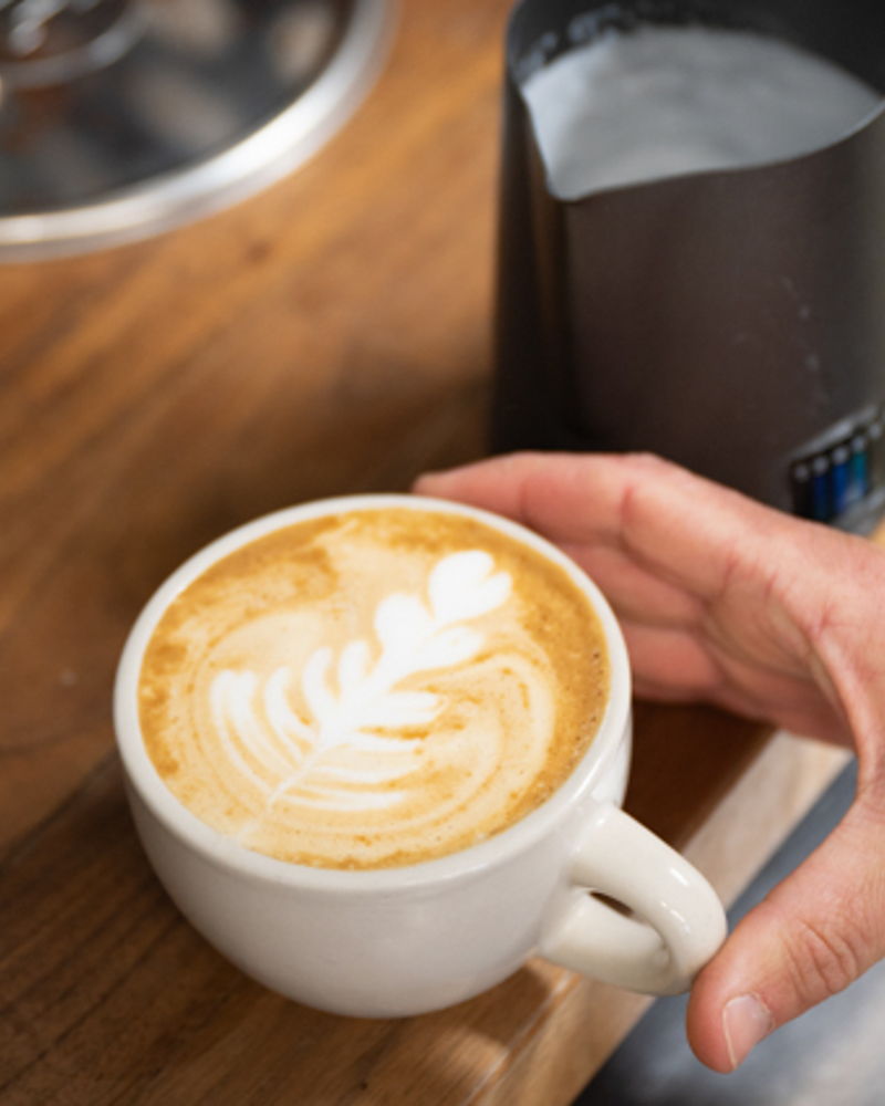 A latte held in hand with a tulip poured into the milk