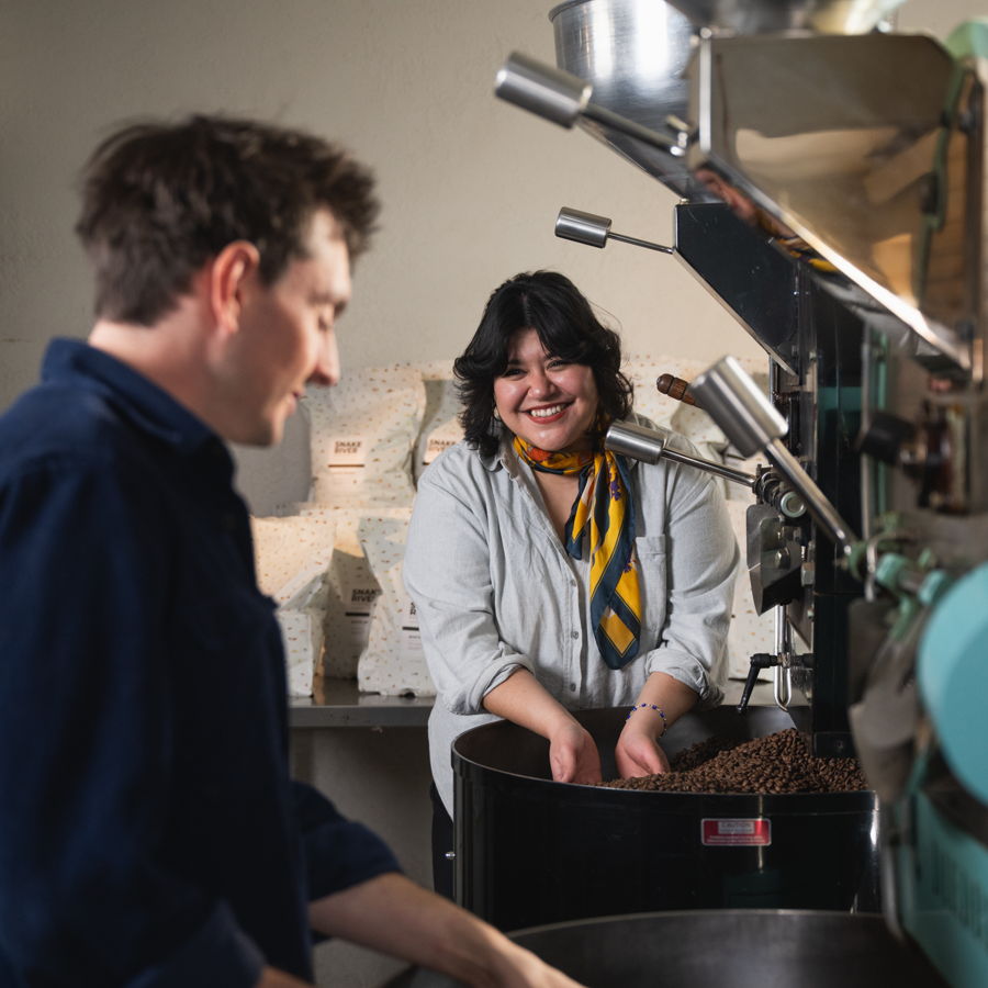 Two of the Snake River Roasting Co. team working at the roaster