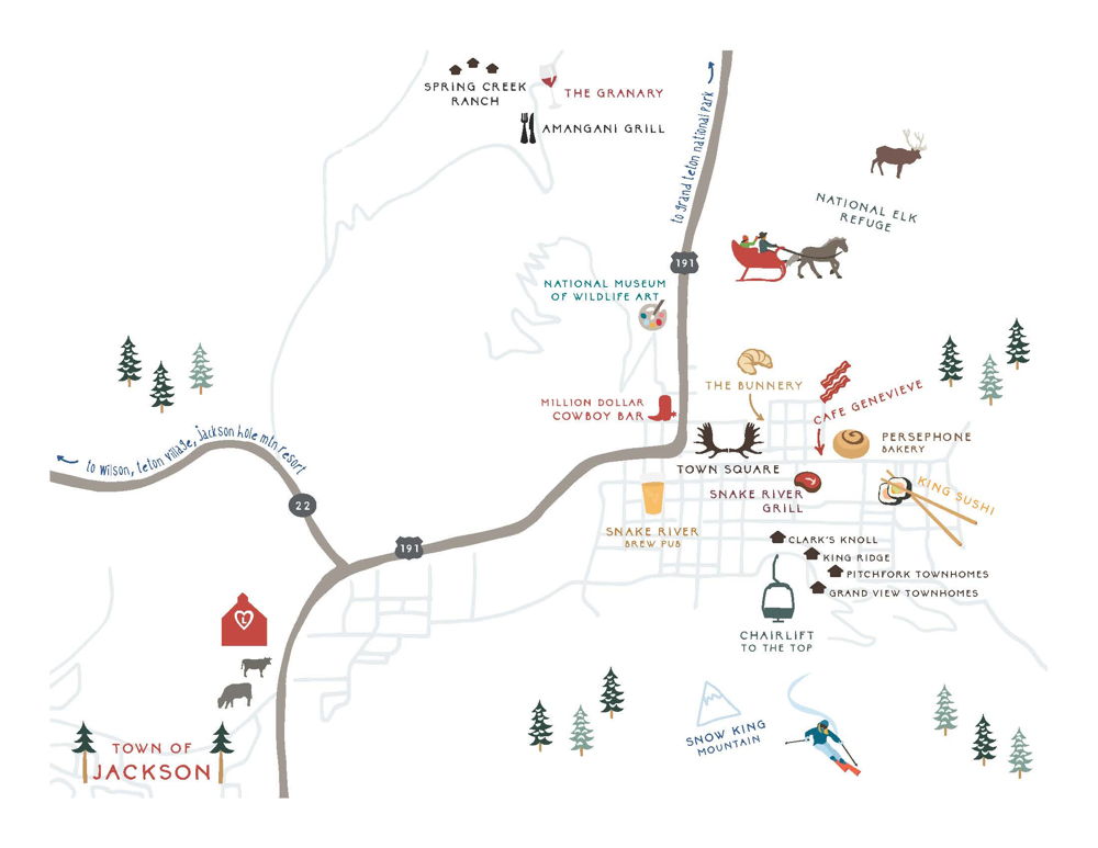 Ilka Hadlock&rsquo;s illustrated map of the Town of Jackson